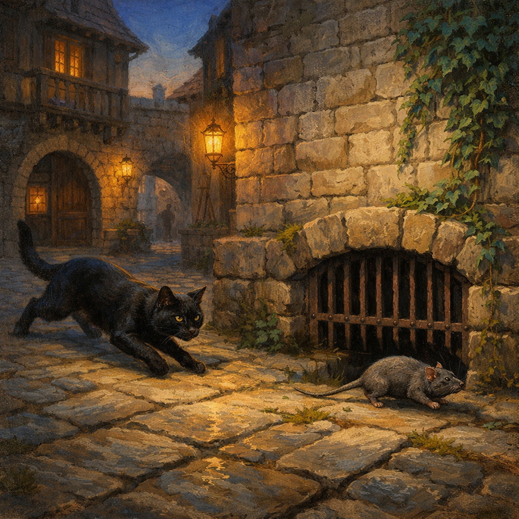 Вечерний двор и решётка сточного акведука