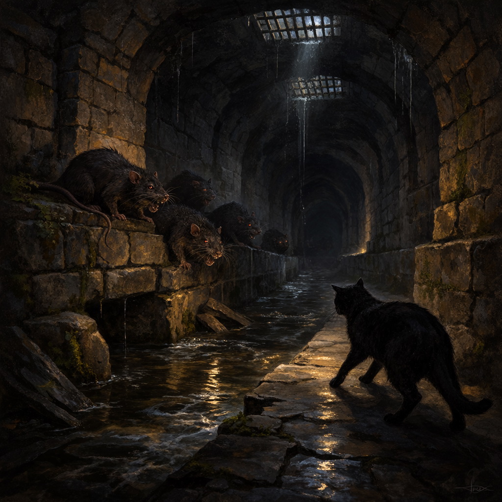 Подземный сточный акведук и крысы на выступах кладки