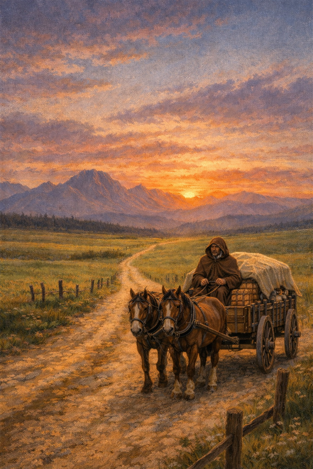 Торговец едет на закате