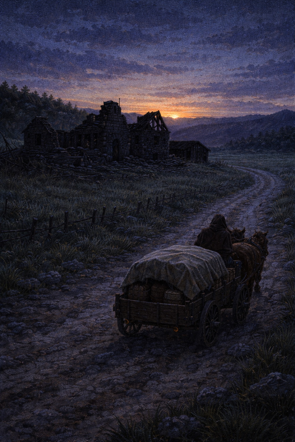 Телега подезжает к заброшеной ферме